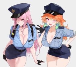2girls :d alternate_costume animated averting_eyes black_choker black_gloves blue_shirt bluefield breasts choker cleavage collared_shirt denkigishi earrings feather_earrings feathers gloves gradient_hair green_hair half_gloves hat hololive hololive_english jewelry large_breasts leaning_forward live2d long_hair looking_at_viewer mori_calliope multicolored_hair multiple_girls orange_hair partially_fingerless_gloves partially_unbuttoned peaked_cap pencil_skirt pink_hair police police_hat police_uniform policewoman purple_eyes red_eyes shirt simple_background skirt smile tagme takanashi_kiara video virtual_youtuber walkie-talkie waving