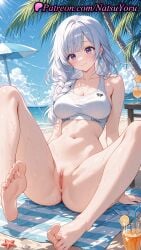 1girls 2025 ai_generated anus bare_arms bare_shoulders barefoot beach bottomless braid breasts cleavage closed_mouth crop_top cup earrings feet female_only hi_res highres jewelry jujutsu_kaisen large_breasts legs long_hair looking_at_viewer mei_mei_(jujutsu_kaisen) natsuyoru navel outdoors palm_tree patreon purple_eyes pussy sitting smile soles solo sports_bra spread_legs stomach thighs toes umbrella vagina voluptuous voluptuous_female wet white_hair white_sports_bra