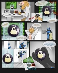 2024 comic drone generation_4_pokemon hi_res laboratory latex lucario male nintendo null_bulge pokemon pokemon_(species) riggedreded scientist stealing text toy von_(jsdk)