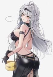 ... 1girls absurdres alternate_costume arm_strap ass backless_dress backless_outfit bag bare_shoulders black_dress black_gloves blush breasts chromatic_aberration commentary cowboy_shot dress female from_side gloves grey_background hair_ornament handbag highres large_breasts long_hair looking_at_viewer looking_to_the_side median_furrow parted_lips shoulder_blades sideboob simple_background single_hair_intake solo spoken_ellipsis yellow_eyes yixuan_(zenless_zone_zero) zenless_zone_zero zije