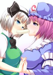 2girls double_dildo food hat kissing multiple_girls pink_hair ribbon sharing_food swap_food touhou white_hair youmu_konpaku yuri yuyuko_saigyouji