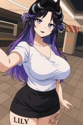 2d 2d_(artwork) 2d_artwork big_breasts big_tit big_titties big_titty_goth black_lips black_lipstick breasts dominant dominant_female domination dominatrix fully_clothed girlfriend goth goth_girl gothic gothic_girl hanging_breasts holding_phone lilyvr lips lipstick looking_at_viewer mommy mommy_dom mommy_kink mother purple_eyes purple_hair selfie selfie_pose smiling smiling_at_viewer succubus succubus_horns tattoo tattoo_on_legs tattoos vr vr_media vrchat vrchat_avatar vrchat_media vrchat_model