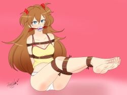 1girls asuka_langley_sohryu barefoot blue_eyes bondage bound_and_gagged damsel_in_distress feet female gagged long_hair neon_genesis_evangelion panties panties_only soles solo solo_female solo_only stuff_gag stuffed_mouth_gag tied_up toes