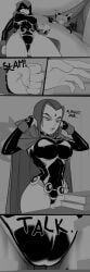 2girls annoyed annoyed_expression big_breasts book breasts cameltoe climbing cloak clothing dc dc_comics dialogue female female_only goth goth_girl greyscale hood in_hand interrogation jinx_(dc) leotard micro nervous_sweat png rachel_roth raven_(dc) ravenravenraven size_difference teen_titans text thick_thighs threatening wide_hips
