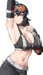 absurdres ahoge arm_pouch arm_up armpits asymmetrical_gloves bare_shoulders belt black_hair black_pants black_sports_bra breasts choker cleavage closed_mouth commentary crop_top elbow_gloves female fingerless_gloves gloves goggles goggles_on_head grace_howard grey_belt grey_choker hair_between_eyes hand_on_own_chest highres large_breasts long_hair looking_at_viewer mismatched_gloves navel obosounds orange_eyes pants presenting_armpit smile solo sports_bra sweat toned toned_female twitter_username white_background zenless_zone_zero zipper zipper_pull_tab zipper_top