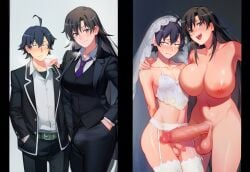 1boy 1futa ai_generated aigatari before_and_after black_hair blush couple femboy futa_on_femboy futa_on_male futanari heavy_breathing hikigaya_hachiman hiratsuka_shizuka huge_balls huge_breasts huge_cock male_bottom my_teen_romantic_comedy_snafu sweat teacher wedding_dress
