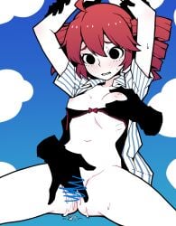 1girls 2d 2d_(artwork) ahoge akableak alternate_eye_color areolae arms_up ass black_eyes blush blush bodily_fluids bottomless bra breasts censored censored_pussy female female_only fingering fingering_pussy groping groping_breasts hypnosis hypnosis kasane_teto kasane_teto_(sv) mesmerizer_(vocaloid) mesmerizer_teto midriff navel nipples pussy pussy_juice red_hair restrained_arms shirt simple_background slim_waist small_breasts solo solo_female synthesizer_v thighs twin_drills unbuttoned_shirt utau vagina vaginal_insertion worried worried_expression