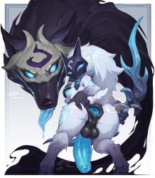 1futa ambiguous_gender anthro anus areola balls big_penis biped blue_areola blue_eyes blue_nipples blue_penis blue_tongue bovid breasts canid canine canis caprine duo erection fingers futanari genitals gynomorph hi_res intersex kindred kindred_(lol) lamb_(league_of_legends) large_penis league_of_legends looking_back mammal mask nipples penis reagan_long rear_view riot_games sheep simple_background spread_anus spreading tencent tongue white_background wolf wolf_(league_of_legends)