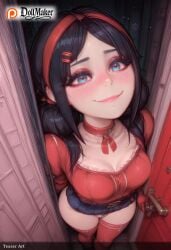 ai_generated alley backpack bag black_hair blue_eyes blush breasts choker cleavage closed_mouth dollmaker dollmaker_(artist) door female from_above hair_ornament hairband hairclip heart heart-shaped_pupils in_box in_container looking_at_viewer looking_up medium_breasts patreon_logo patreon_username red_hairband red_legwear smile solo symbol-shaped_pupils tagme thighhighs watermark web_address