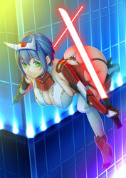 bikini_armor blue_hair cleavage dat_ass female green_eyes huge_ass huge_breasts indoor light_saber looking_at_viewer original osafune_kairi short_hair smiling thong