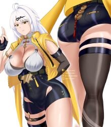 ahoge ass black_bra black_gloves black_shorts black_thighhighs bra breasts cleavage closed_mouth elbow_gloves female fingerless_gloves gloves hiep_studio highres jacket large_breasts long_hair looking_at_viewer red_eyes shirt shorts solo thighhighs underwear white_hair white_shirt yellow_eyes yellow_jacket yi_xuan_(zenless_zone_zero) zenless_zone_zero