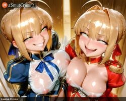 2girls ahoge ai_generated artoria_pendragon_(fate) asmutcriminal blonde_hair blue_bow blue_ribbon blush braid braided_bun breasts cleavage_cutout covered_nipples dress epaulettes eyebrows_visible_through_hair fate_(series) french_braid from_above green_eyes grin hair_bun hair_intakes hair_ribbon juliet_sleeves large_breasts leotard lock long_hair long_sleeves multiple_girls naughty_face nero_claudius_(fate) nero_claudius_(fate/extra) nipples open_mouth puffy_long_sleeves puffy_short_sleeves puffy_sleeves rain red_dress red_ribbon ribbon see-through smile tagme teeth thighhighs trembling wet wet_clothes white_leotard