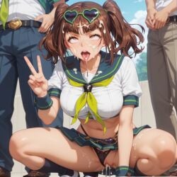 after_sex ai_generated brown_hair cum cum_in_pussy ecchi miniskirt nanatsu_no_bitoku raphael sunglasses topwear v_sign