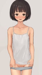 1girl absurdres black_hair blush bob_cut brown_eyes camisole collarbone commentary_request cowboy_shot flat_chest grey_background grey_camisole grey_panties grey_pants groin highres itsuki_nofuji looking_at_viewer mons_pubis no_pants open_mouth original panties pants panty_pull pulling_own_clothes pussy pussy_peek short_hair simple_background smile solo spaghetti_strap standing straight-on tan underwear variant_set wispy_bangs