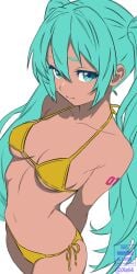 1girls alternate_version artist_name blue_eyebrows blue_eyes blue_hair embarrassed female golden_bikini hatsune_miku medium_breasts suntan tanned tanned_female tanned_girl tanned_skin white_background xel4 yellow_bikini yellow_bikini_bottom yellow_bikini_top