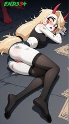 2025 ai_generated blonde_hair charlie_morningstar_(hazbin_hotel) ends34 female female_only hazbin_hotel horns long_hair lying lying_on_side messy_hair red_horns shorts stockings