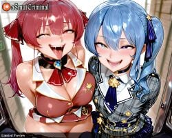 2girls ahoge ai_generated arms_behind_back ascot asmutcriminal bangs bare_shoulders bedroom belt black_choker black_gloves blue_hair blue_legwear blurry blurry_background blush bodysuit breasts brown_belt buttons choker christmas_tree cleavage clothed_sex coat collarbone covered_navel cropped_jacket crown d: depth_of_field dress eyebrows_visible_through_hair eyepatch female frilled_choker full-face_blush gloves hair_between_eyes hair_ornament hair_ribbon hat hat_removed headwear_removed heterochromia hololive hoshimachi_suisei houshou_marine indoors jacket jewelry large_breasts leather_belt leather_boots leotard leotard_under_clothes long_hair looking_at_another looking_at_viewer medium_hair multiple_boys multiple_girls naughty_face no_eyepatch no_hat no_headwear no_panties nude off_shoulder one_side_up open_mouth penis pirate_hat plaid plaid_headwear pussy pussy_juice pussy_juice_stain red_eyes red_hair red_ribbon ribbon ringlets sex sheer_leotard shirt side_ponytail single_thighhigh skirt sleeveless sleeveless_jacket solo_focus star_(symbol) star_choker star_earrings star_hair_ornament star_necklace straight string_panties sweat tagme teeth thighhighs tongue tongue_out twintails vest virtual_youtuber yellow_eyes