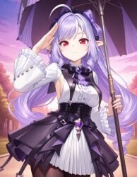 ahoge ai_generated bangs black_pantyhose black_skirt breasts brown_pantyhose closed_mouth cowboy_shot female hairband holding holding_umbrella kuroyaex long_hair long_sleeves looking_at_viewer medium_breasts mole mole_under_eye outdoors pantyhose pointy_ears purple_bow purple_hair red_eyes salute shirt sideboob skirt smile solo umbrella very_long_hair vivian_banshee white_shirt zenless_zone_zero