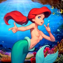1girls ai_generated ariel blue_eyes bubbles disney female female_focus mermaid mermaid_tail navel nipples nude ponytail red_hair small_breasts solo the_little_mermaid underwater