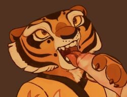 anthro brown_background cheek_tuft claws clothing dreamworks duo facial_tuft felid fellatio female foreskin fur genitals hand_on_penis happy happy_sex hi_res holding_penis kung_fu_panda lanolin04 looking_at_another looking_at_partner male male/female mammal markings master_tigress mouth_shot open_mouth oral orange_eyes pantherine paws penile penis penis_in_mouth sex simple_background smile smiling_at_another smiling_at_partner striped_body striped_fur striped_markings stripes tuft uncircumcised yellow_sclera