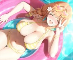 1girls afloat alternate_costume bangle bikini blush bow bracelet braid breasts cleavage closed_eyes commentary commission earrings english_commentary eyewear_on_head facing_viewer feather_earrings feathers female fingernails flower from_above green_hair hair_flower hair_ornament hairbow halterneck heart heart-shaped_eyewear highres hololive hololive_english huge_breasts innertube jewelry long_fingernails long_hair multi-strapped_bikini_bottom multicolored_hair multiple_bracelets nail_polish navel o-ring o-ring_bikini o-ring_bottom o-ring_top open_mouth orange_hair pink-tinted_eyewear pink_nails prab sideboob single_braid smile solo stomach streaked_hair string_bikini striped_bikini striped_clothes swim_ring swimsuit takanashi_kiara thick_thighs thighs tinted_eyewear two-tone_hair v virtual_youtuber water water_drop wet white_flower yellow_bow