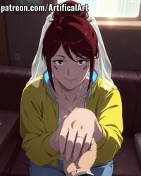 1girls ai_generated artifical_art big_breasts bride cyberpunk:_edgerunners facial_mark gloria_martinez_(edgerunners) light-skinned_female light_skin mature mature_female milf mommy mother perfect_body red_eyes red_hair