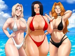 3girls absurd_res armpits beach bikini black_bikini black_hair bleach blonde_female blonde_hair blue_eyes blush boa_hancock bracelet breasts brown_eyes choker crossover echosaber edit fat_breasts female female_only flat_belly hips huge_breasts long_hair matsumoto_rangiku milf naruto naruto_shippuden navel necklace one_piece outdoors red_bikini sea slim_waist thick_thighs thighs tsunade white_bikini wide_hips