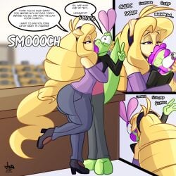 1boy 1femboy 2d 2d_(artwork) 2d_artwork anthro anthro_on_anthro arms_around_partner bare_shoulders big_ass big_butt blodne_hair canine classroom classroom_background comic crossdressing curvy curvy_figure curvy_male dialogue digital_drawing_(artwork) digital_media_(artwork) dog_boy dog_ears femboy femboy_on_male feminine feminine_body feminine_male furry furry_male gay gay_kiss gay_kissing green_body green_skin heels high_heels jamearts jimmy_(jamearts) long_hair mwah non-human panels pink_eyes purple_eyes purple_lips purple_lipstick purple_lipstick_mark scalie scalie_male schmucky_(wobbleblot) smooch student student_and_teacher tail teacher teacher_and_student yellow_body yellow_fur