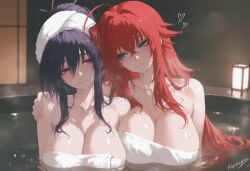 2girls ai ai-created ai_generated akeno_himejima bathhouse big_breasts black_hair high_school_dxd kizirugai red_hair rias_gremory towel yuri
