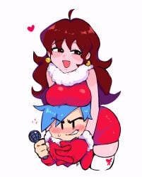 1boy 1girls absurdres bare_shoulders benzbt black_eyes blush boyfriend_(friday_night_funkin) breast_rest breasts breasts_on_head brown_hair commentary female flying_sweatdrops friday_night_funkin fur_collar girlfriend_(friday_night_funkin) gloves heart heart_in_eye height_difference highres hug hug_from_behind large_breasts long_hair male nervous_smile open_mouth red_gloves skindentation smile sweatdrop symbol_in_eye thighhighs white_thighhighs