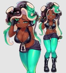 1girls absurdres aqua_eyes aqua_hair aqua_pantyhose arm_behind_back bare_shoulders benzbt black_gloves black_shirt blue_shorts blush breasts brown_hair cephalopod_eyes cleavage clenched_hand collarbone colored_extremities crop_top dark-skinned_female dark_skin english_commentary female fingerless_gloves furrowed_brow gloves gradient_hair grey_background groin hand_on_own_head hand_up headphones highres horizontal_pupils large_breasts leaning_forward long_hair looking_at_viewer marina_(splatoon) midriff mole mole_under_mouth multicolored_hair multiple_views navel_piercing octoling oerba_yun_fang open_hand open_mouth pantyhose pantyhose_under_shorts parted_bangs piercing pink_pupils shirt shorts simple_background smile splatoon_(series) splatoon_2 tentacle_hair two-tone_hair zipper zipper_pull_tab