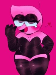 adult_swim blushing_at_viewer chubby chubby_female critter_(smiling_friends) latex_clothing latex_thighhighs pim_(smiling_friends) pink_background pink_body rule_63 shortstack smiling_friends smilingrinn