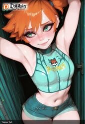 ai_generated aqua_eyes armpits arms_up artist_name bangs bare_shoulders blush breasts closed_mouth crop_top dollmaker dollmaker_(artist) eyelashes female heart heart-shaped_pupils kasumi_(pokemon) looking_at_viewer medium_breasts midriff navel orange_hair patreon_logo patreon_username pokemon_(creature) short_shorts shorts side_ponytail smile solo suspenders symbol-shaped_pupils tagme watermark web_address
