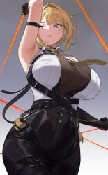 1girls arm_strap arm_up armpits artist_name bare_shoulders black_gloves blonde_hair blue_eyes breasts collared_shirt commentary evelyn_chevalier female gloves grey_background highres large_breasts mole mole_under_eye necktie nhaliz paid_reward_available parted_lips shirt sleeveless sleeveless_shirt solo yellow_necktie zenless_zone_zero