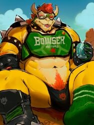 2025 abs absurd_res anthro arm_hair armband balls bandage bandage_on_face barazoku beverage beverage_can big_balls big_bulge big_muscles bodily_fluids body_hair bowser bulge can clothing cloud collar container day drooling english_text eyebrows eyewear facial_hair footwear genitals gloves goggles hair handwear happy_trail hi_res holding_beverage holding_can holding_container holding_object horn kemono koopa logo male mario_bros muscular muscular_anthro muscular_male navel nintendo non-mammal_balls outside pubes saliva saury_(artist) scalie shell shoes signature sitting sky smile socks solo spiked_armband spiked_collar spiked_shell spikes spikes_(anatomy) sportswear stubble teeth text text_on_clothing text_on_topwear thong tongue tongue_out topwear underwear