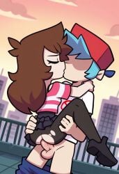 1boy 1boy1girl 1girls ai_assisted ai_generated ass ass_grab black_legwear black_shoes blue_hair blue_pants boyfriend_(friday_night_funkin) brown_hair closed_eyes crossover faceless_male friday_night_funkin grey_skirt kissing legs_grab legs_up long_hair medium_breasts pants_down penis pink_shirt red_hat sex shannon_gurr shgurr short_hair skirt striped_shirt white_shirt youtube youtuber