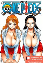 2girls ai_generated big_breasts cleavage fantasyprompt female female_only hourglass_figure nami_(one_piece) nico_robin one_piece patreon skirt thighs