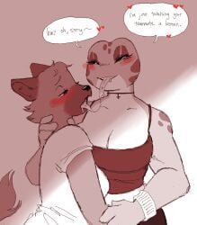 amphibian big_breasts black_sclera black_topwear bracelet breasts cleavage drool_string female furry height_difference huge_breasts muscular_female pendant sepulturegirl tagme tall_girl thick_thighs tongue_kiss tongue_out white_shirt wide_hips wolf_girl yuri