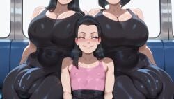 1femboy 2futas ai_generated black_hair black_top blue_eyes blush bulge bulge_through_clothing date flat_chest futa_on_male futadom futanari huge_balls huge_breasts huge_cock intersex leggings long_hair male pink_top short_hair sitting skirt smirk subway subway_train tagme tokoloshka trap