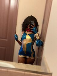 bikini bra collar dark-skinned_female hairy_pussy heroine kamala_khan marvel marvel_comics ms._marvel panties red