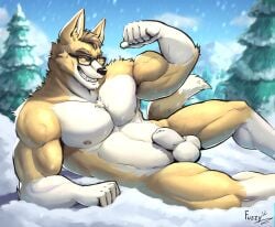 abs animal_genitalia anthro balls biceps big_balls big_sheath brown_body brown_fur canid canine canis clear_sky clothed clothing cloud cocky_smile domestic_dog evergreen_tree eyewear eyewear_only fangs flexing fur fuzziness genitals glasses glasses_only green_eyes herding_dog hi_res light looking_at_viewer lying lying_on_snow male mammal mountain muscular muscular_chest muscular_legs muscular_male navel nipples nude on_side pastoral_dog pine_tree plant sheath signature sky smile smiling_at_viewer snow solo sunlight tail teeth toothy_grin tree underwear underwear_only vein veiny_muscles wearing_glasses welsh_corgi white_body white_fur yellow_body yellow_fur