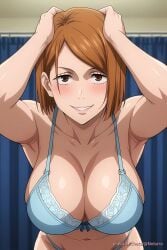 ai_generated armpit blue_bra blush brown_eyes brown_hair jujutsu_kaisen leaning_forward looking_at_viewer nobara_kugisaki tagme