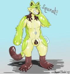 2024 dessert exclamation_point food fur goo_creature goo_transformation green_body green_eyes green_fur hi_res ice_cream latex male mint_chocolate_chip null_bulge onomatopoeia permagrin pool_toy riggedreded rubbing slime sound_effects squeaking summer text transformation vinyl