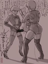 2girls ambiguous_gender anonymous armwear ass big_ass female femdom garter_straps gloves high_heel_boots high_heels holding_person japanese_text merotoron monochrome pussy_juice restrained rough_sketch strap-on thighhighs