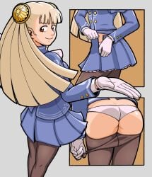 1girls ass bent_over big_breasts blonde_hair busty capcom female female_only gloves highres ingrid_(capcom) long_hair looking_at_viewer looking_back multiple_views panties pantyhose pink_lips pulling_own_clothes red_eyes sensual skirt solo street_fighter underwear undressing voluptuous white_panties