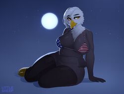 2019 absurd_res accipitrid accipitriform american_flag american_flag_bikini anthro avian bald_eagle barely_visible_genitalia barely_visible_pussy big_breasts bikini bird blush bottomless breasts clothed clothing curvy_figure eagle feathers female hi_res legwear littlesheep moon night non-mammal_breasts pussy sea_eagle sitting slightly_chubby solo swimwear thick_thighs thigh_highs voluptuous white_body white_feathers yellow_eyes