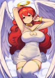 1girls absurdres alternate_costume alternate_species angel angel_wings armpits benzbt big_breasts bracelet cleavage_cutout clothing_cutout cloud dress female friday_night_funkin girlfriend_(friday_night_funkin) gold_bracelet gold_choker halo highres jewelry long_hair looking_at_viewer on_cloud presenting_armpit red_eyes red_hair red_nails solo thighhighs traditional_halo white_dress white_thighhighs wings