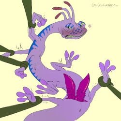 2_penises animal_genitalia animal_penis arms_tied bodily_fluids bound chameleon diphallism disney erection genitals hemipenes hi_res legs_tied lizard looking_at_viewer male monster monsters_inc multi_genitalia multi_penis narrowed_eyes penile_spines penis pixar purple_body purple_scales randall_boggs ratnamedgopher red_penis reptile scales scalie solo sweat tapering_penis taur