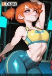ai_generated aqua_eyes armpits blush breasts dollmaker dollmaker_(artist) female heart holding_poke_ball kasumi_(pokemon) locker medium_breasts navel orange_hair patreon_logo patreon_username poke_ball poke_ball_(basic) pokemon pokemon_(creature) side_ponytail solo sonia_(pokemon) sweat tagme watermark web_address