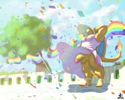 absurd_res anthro artemi balls barazoku charizard clothed clothing crossdressing detailed_background dragon dress fire flaccid flaming_tail footwear generation_1_pokemon genitals hat headgear headwear hi_res lgbt_pride lgbt_pride_month looking_up male male_only mythological_creature mythological_scalie mythology nintendo no_underwear outside penis pink_clothing pink_dress pokemon pokemon_(species) pride_color_flag rainbow_pride_colors raised_arm sandals scalie shoes solo tail upskirt wings